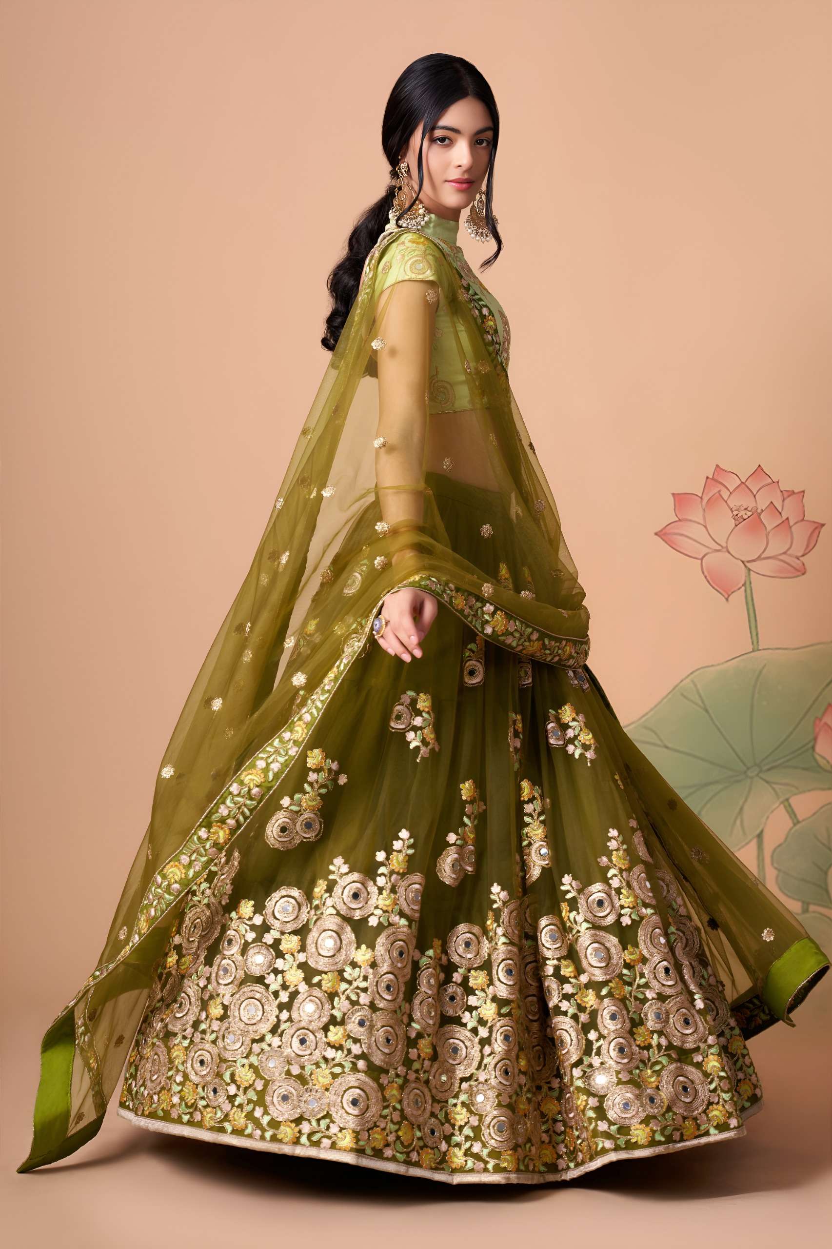 Olive Green & Pista colour Mirror and Embroidered work om net Lehenga Choli supplier in surat 7325 Mehndi
